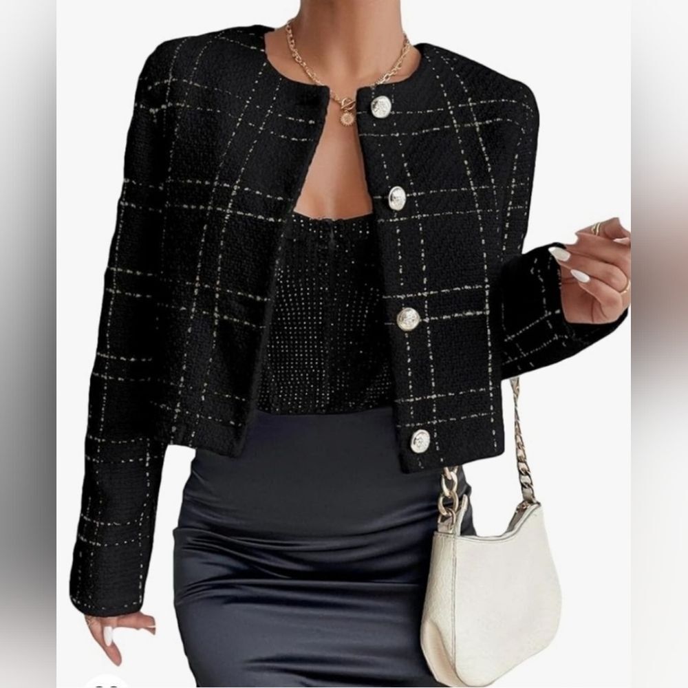 MINA SELF Black/Metallic Gold Cropped Tweed Blazer - Size Small‎